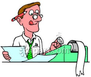 0060-0808-0514-2460_accountant_working_on_an_adding_machine_with_a_bandage_wrapped_finger_clipart_image